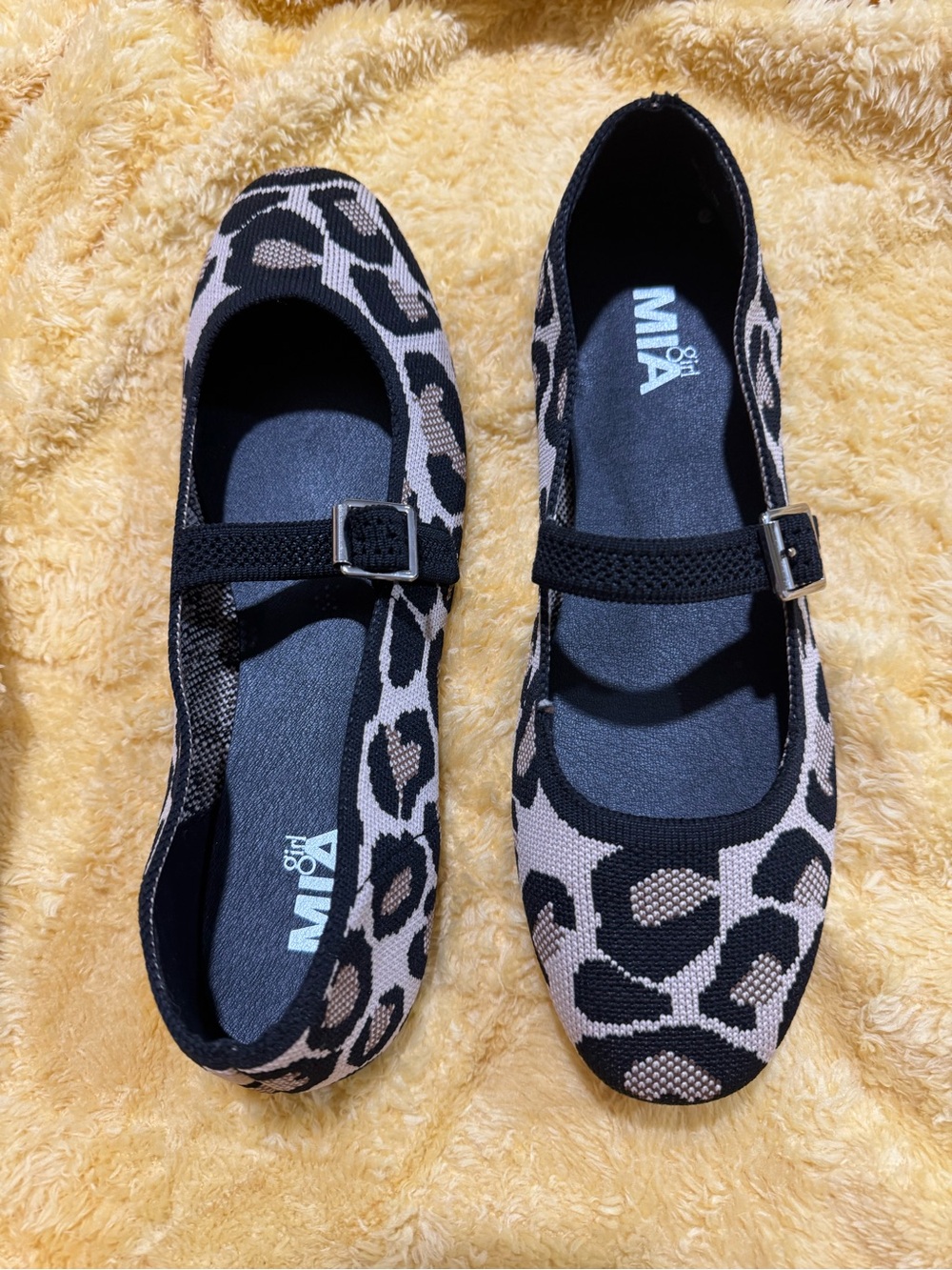MIA Black and Beige Leopard Knit Mary Jane Flats